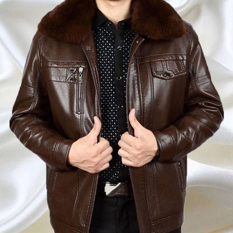 冬季新款中老年人皮衣加绒加厚男装皮夹克大码毛领外套405060男士