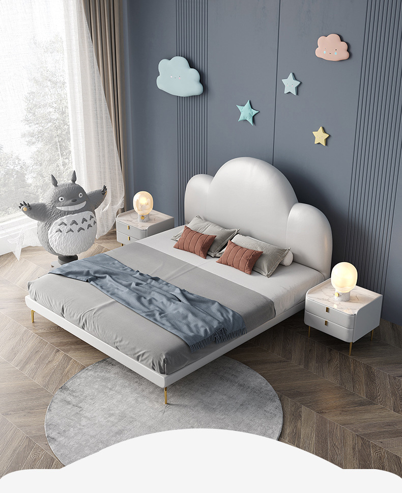意式极简真皮床儿童单人床轻奢北欧简约卧室公主女孩高脚云朵软床
