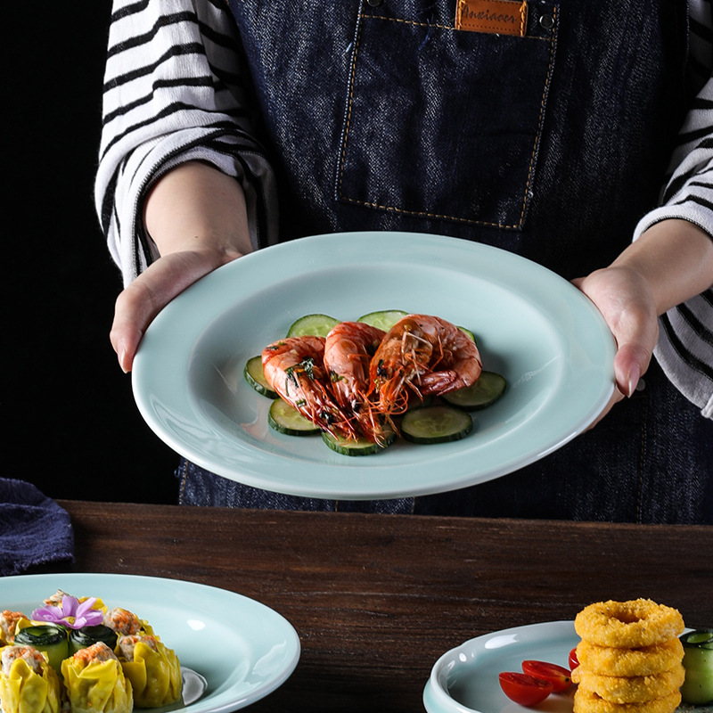 青瓷新中式平盘炒菜盘子意境创意餐具位上酒店餐厅摆盘湘菜陶瓷盘