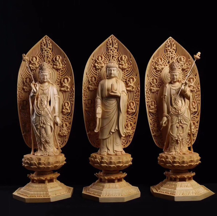 黄杨木雕桧木东方三圣摆件 佛堂供奉阿弥陀佛观音菩萨台湾寺庙会
