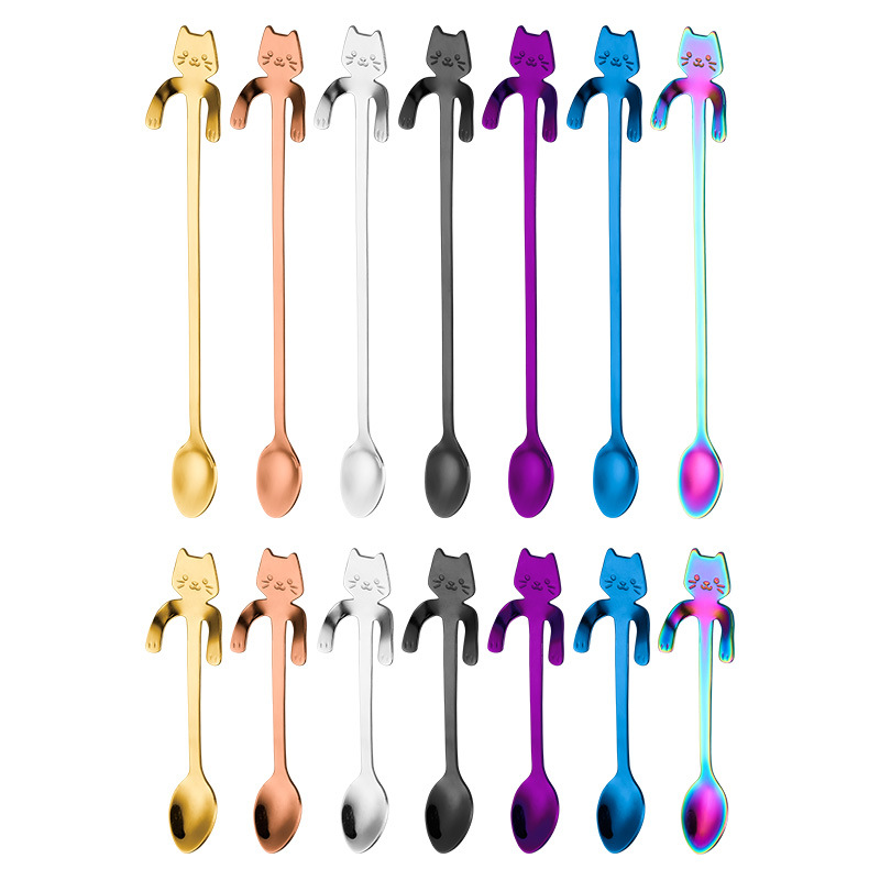 304 Stainless Steel Spoon Mark Cup Spoon Household Ice Cream Spoon Cute Cartoon Kitten Spoon Coffee Mixing Spoon