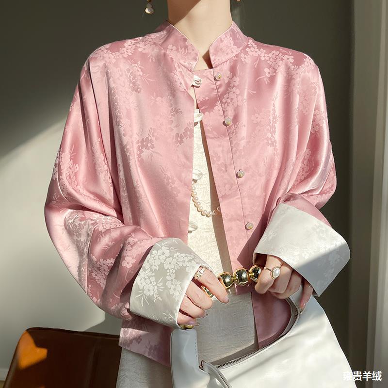 新款中式国风提花上衣女夏季缎面流苏盘扣长袖半高领开衫真丝衬衫