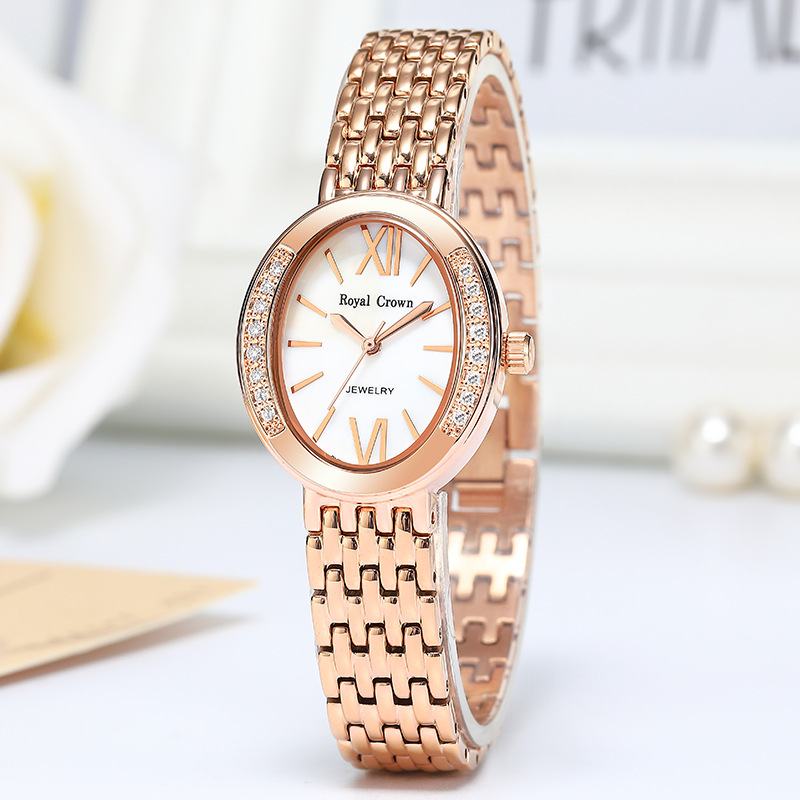royal crown萝亚克朗新款手表女休闲钢带玫金防水镶锆石英腕表