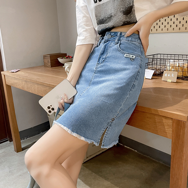牛仔半身裙女夏季薄款2023新款高腰a字裙有内衬开叉牛仔短裙半裙