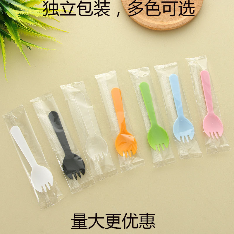 Thickened Disposable Cake Fork Dessert Spoon Fruit Fork Ice Cream Plastic Frosted Spork Independent Packaging