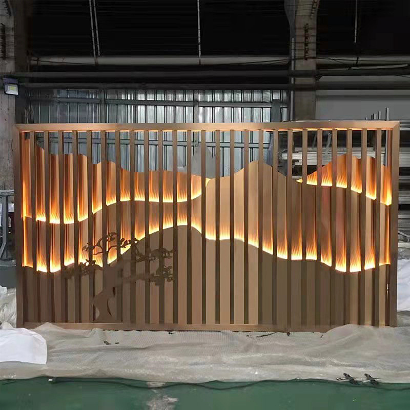 假山景观形象镂空格栅 售楼部工程酒店大堂前台不锈钢山水背景墙