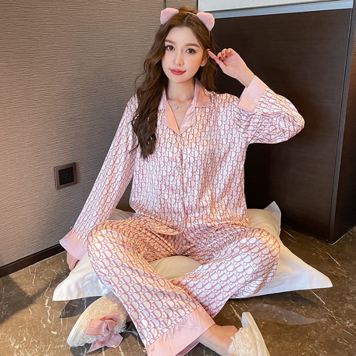 2023 New Ice Silk Pajamas Thin Collarless Cardigan Model Long-Sleeved Trousers Artificial Silk Home Wear Suit