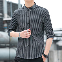 夏季男士条纹七分袖衬衫青年时尚韩版修身五分袖衬衣男生上衣寸衫
