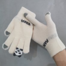 冬季女士毛绒保暖手套针织触屏手套学生加厚卡通熊猫可爱手套批发