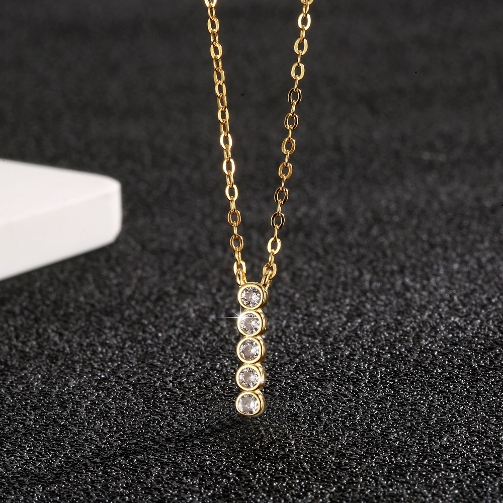 欧美极简风S925纯银圆形垂直一字横条设计锆石吊坠百搭项链高级感