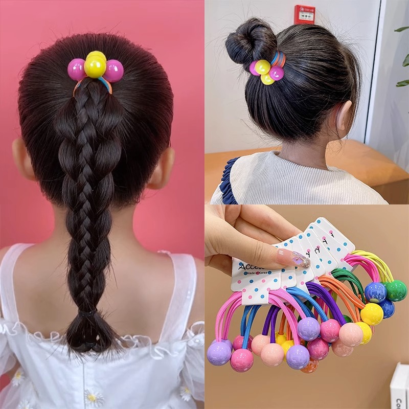 Children's round Beads Headband New Hair Elastic Band Hair Accessories Cute Girl Candy Color Double-Headed Beads Hair Ring Headdress