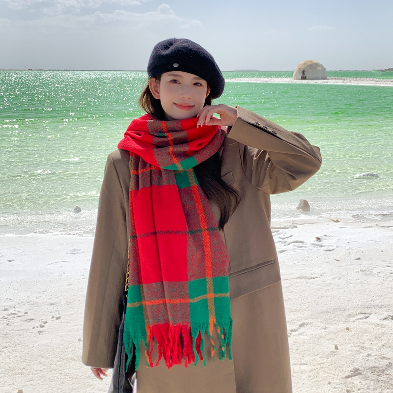 New Autumn and Winter Plaid Tassel Wild Scarf Women‘s Rainbow Thickened Scarf Couple Shawl Knitted Warm Cloak