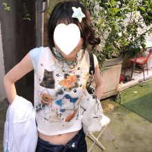 千禧辣妹y2k纯欲T恤美式复古短款短袖猫咪印花打底半袖女