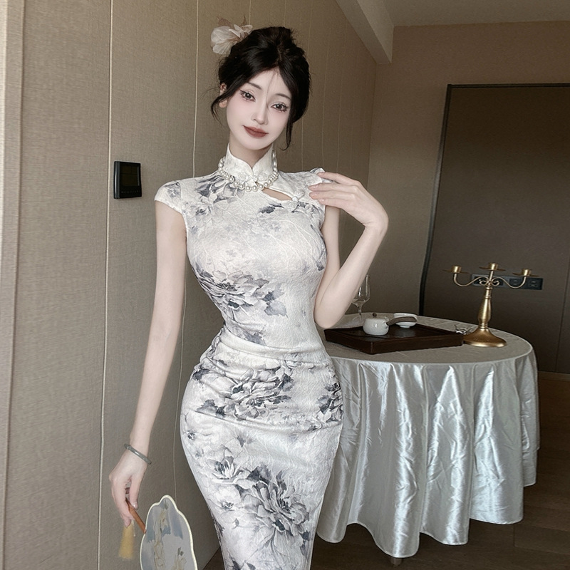 2964跨境外贸女装批发东南亚新中式盘扣开叉旗袍裙水墨国风连衣裙