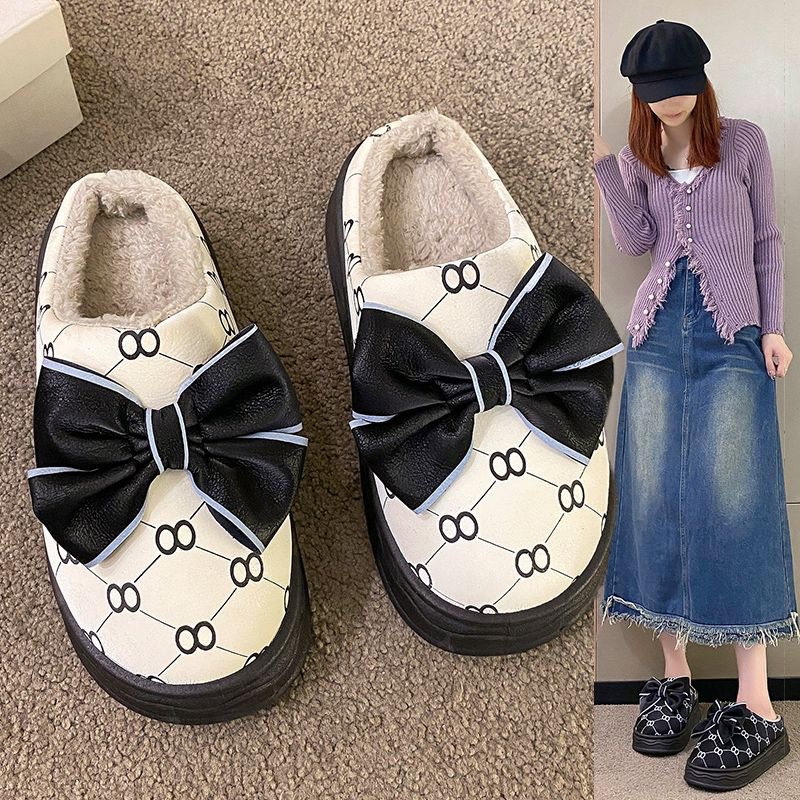 Bowknot Cotton Slippers for Women Autumn and Winter 2023 New Indoor Home Thick Bottom Plush Shit Feeling Confinement Cotton Slippers