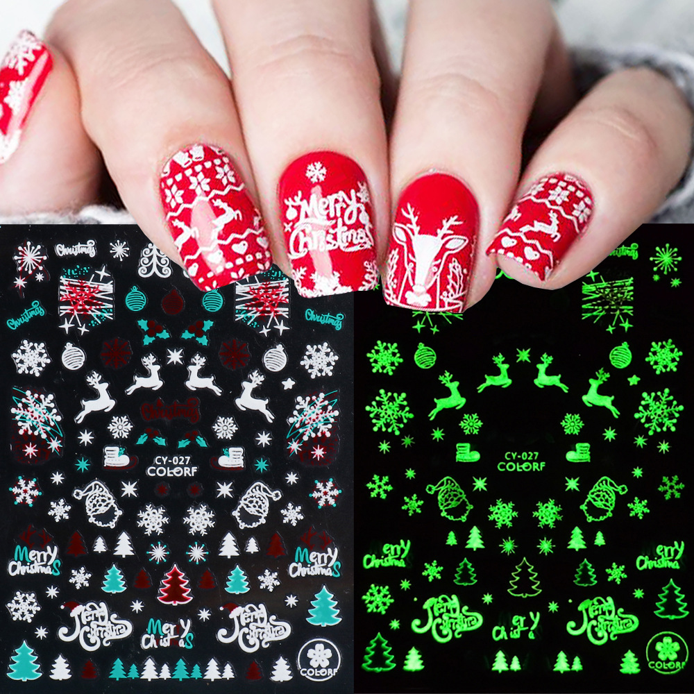 2023跨境新款美甲贴 圣诞节雪花麋鹿夜光指甲diy装饰小图案背胶贴