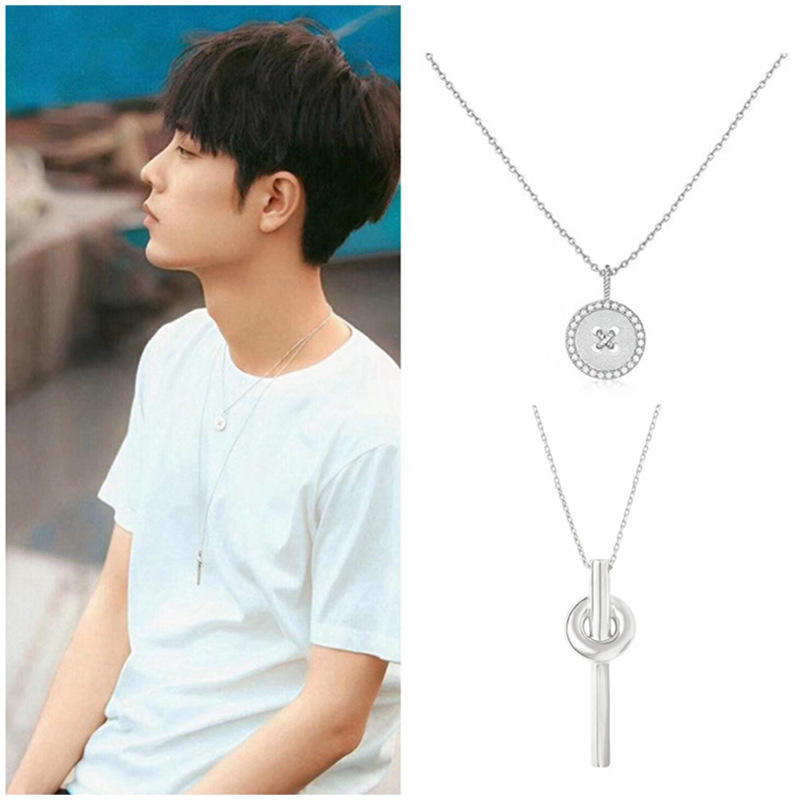 王一博肖战同款项链ins长款穿越吊坠时尚百搭绳结纽扣项链毛衣链