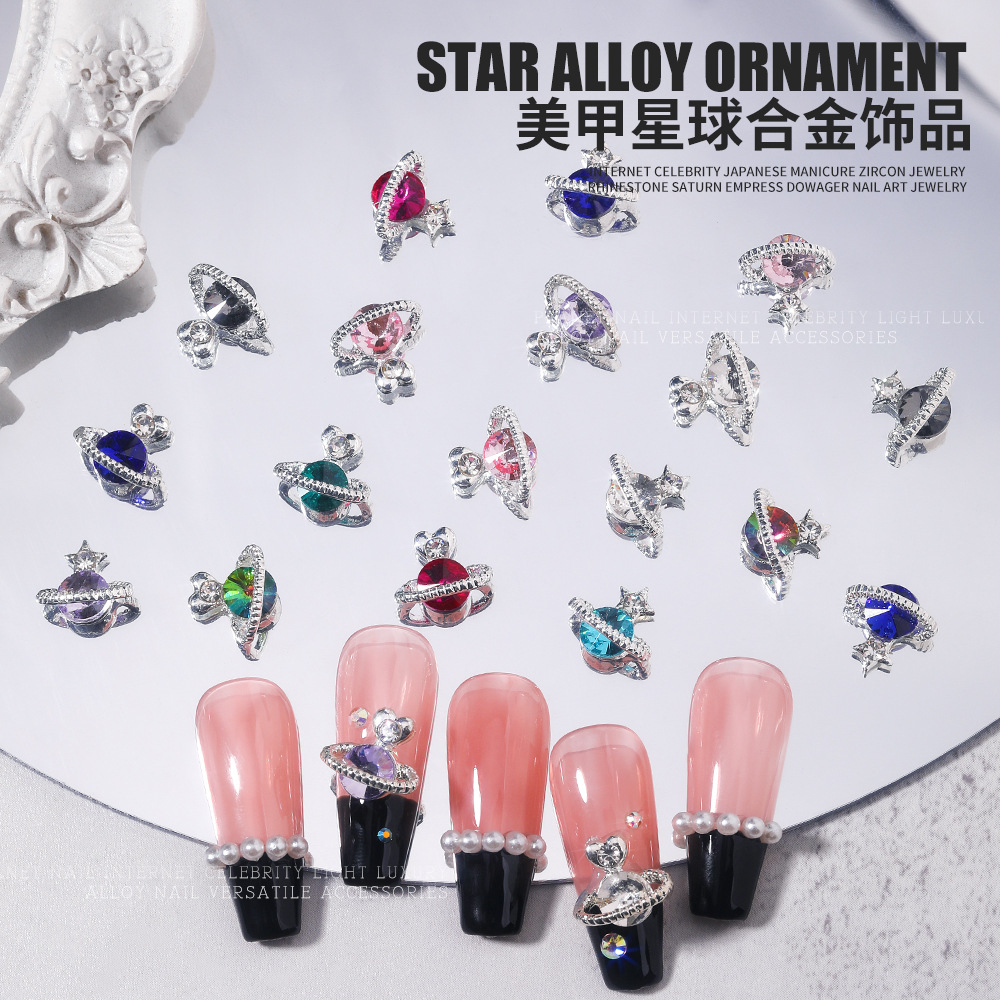 Cross-Border New Arrival Peach Heart Nail Ornament Planet Love Five-Pointed Star Saturn Jewelry Ins Silver Rhinestone Nail Sticker