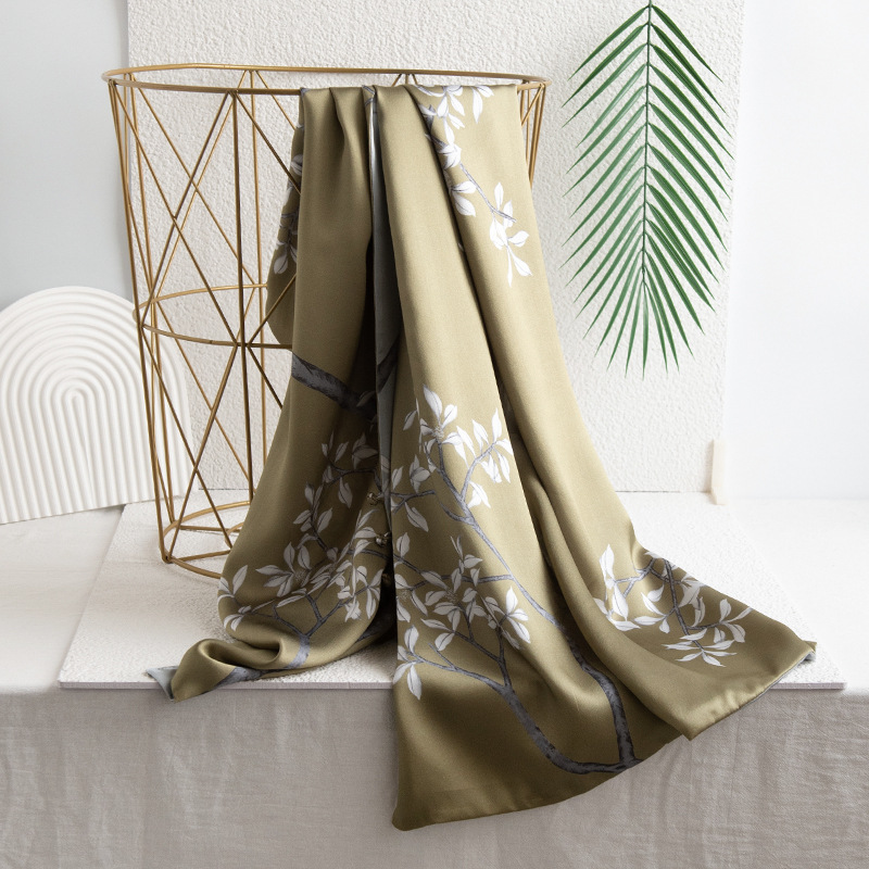 100%桑蚕丝丝巾礼盒2024四季双层枝叶图印花薄款围巾高级感女纱巾