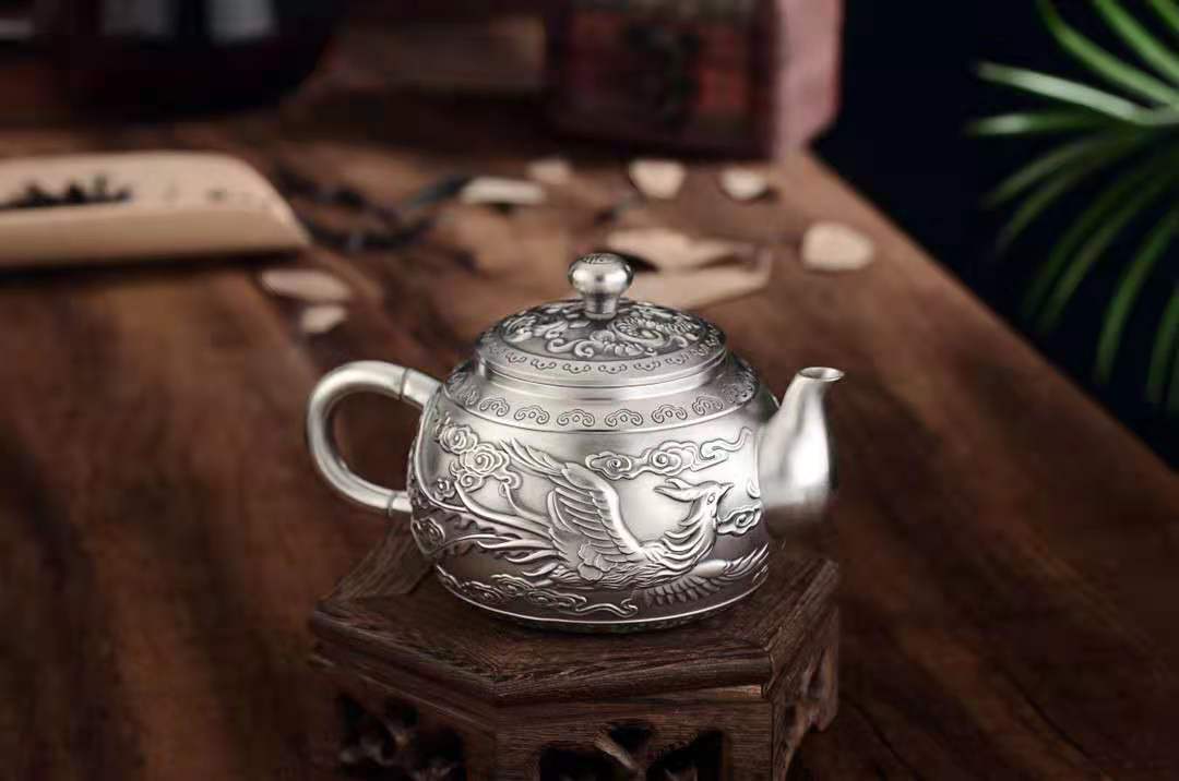 纯银999泡茶壶 龙凤呈祥手工银壶足银茶杯防烫便捷功夫银茶具套装