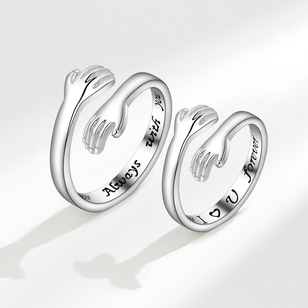 跨境电商双手拥抱戒指女欧美创意爱的相拥情侣戒指开口可调节