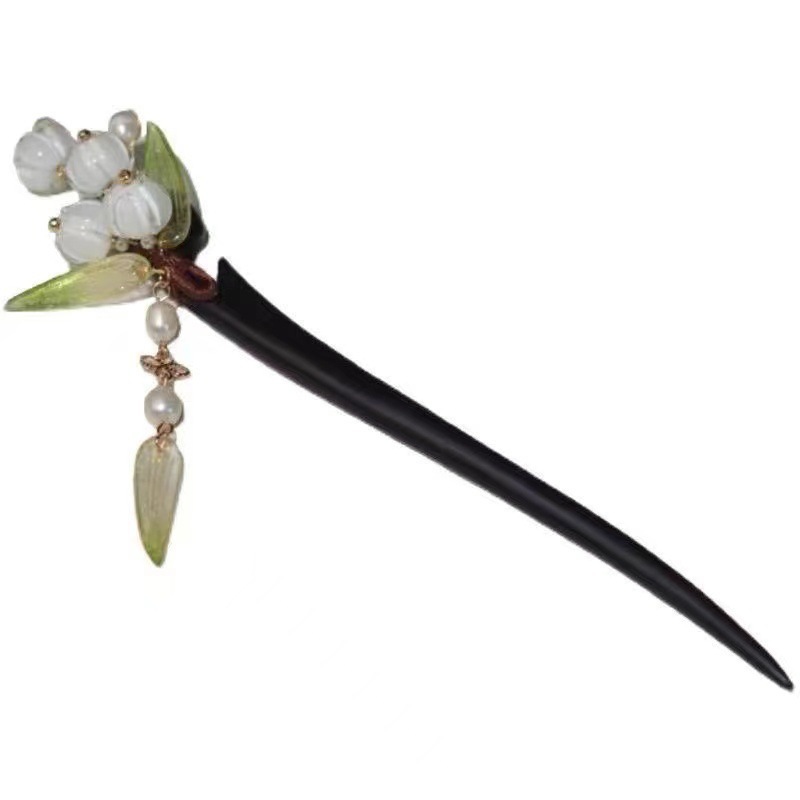 2023 New Magnolia Wooden Hairpin Simple Updo Headdress Lily Vintage Cheongsam Accessories Tassel Hanfu