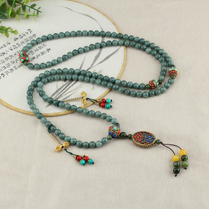 Retro Nepal Jade Beaded Long National Style Crossbody Chain Chinese Back Necklace All-Match Ethnic Style Ornament