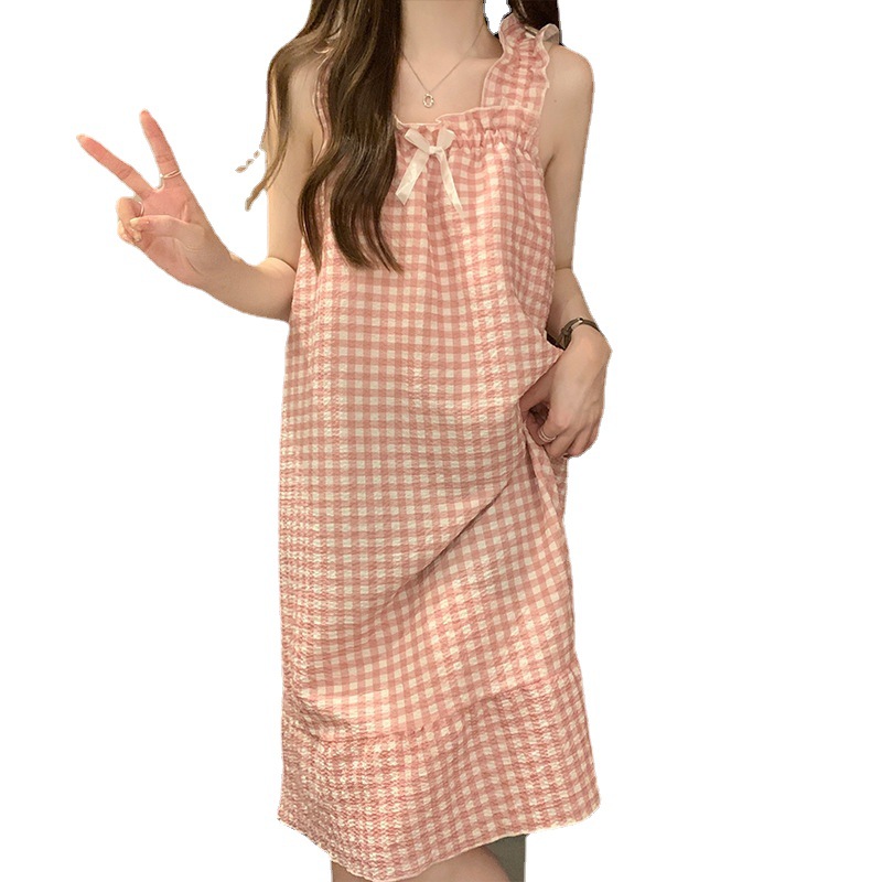 Summer Nightdress Women's New Mid-Length Plaid Pajamas with Chest Pad Sweet Spaghetti-Strap Summer Can Be Outerwear Homewear Thin