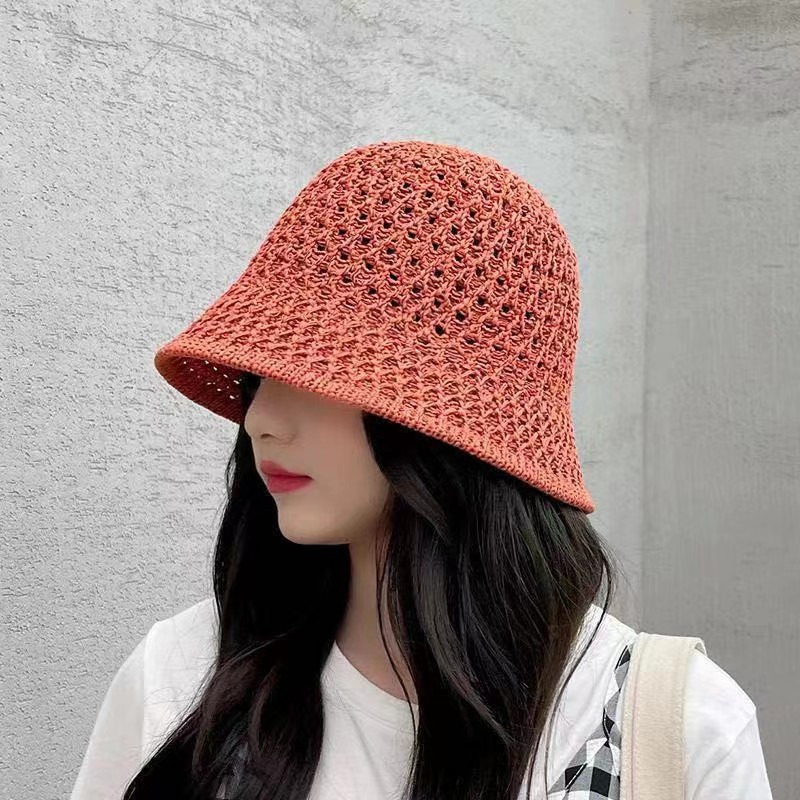 Hat New Bucket Hat Solid Color Hat Summer Japanese Hollow Sun-Proof Wide Brim Woven Straw Hat Small Edge Bucket Hat Women