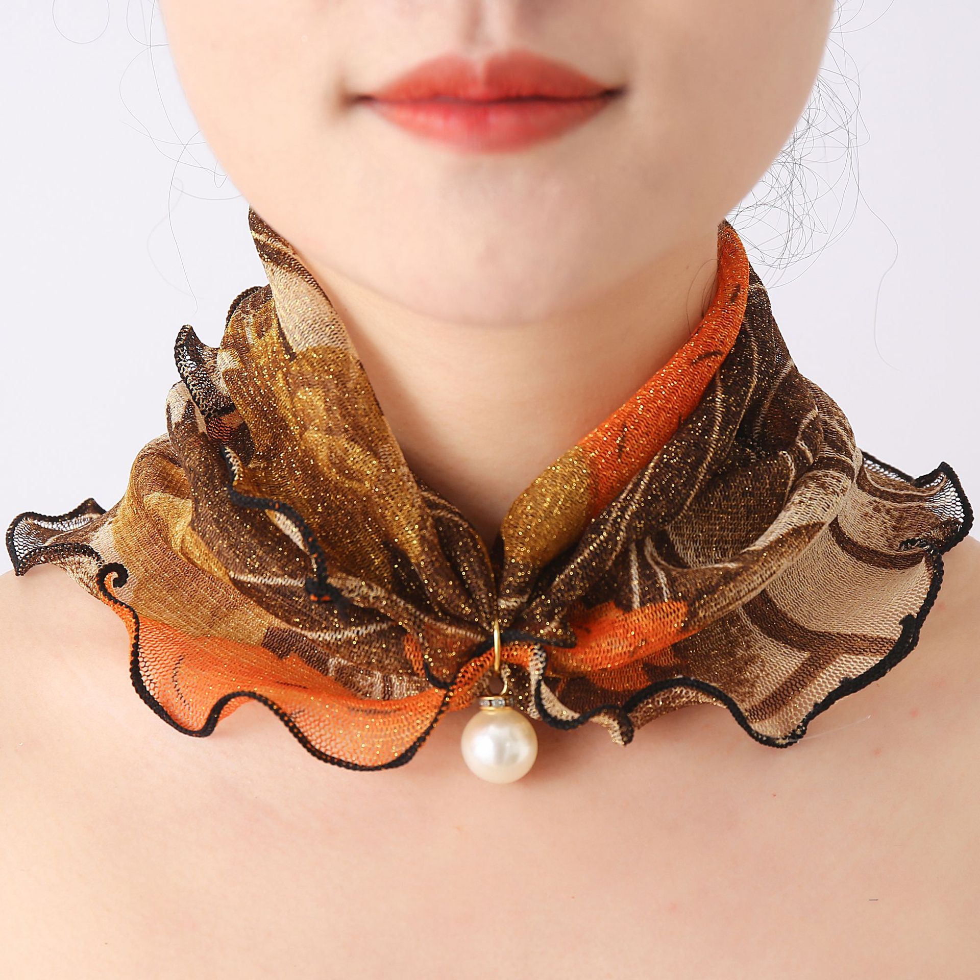 韩版珍珠网纱套头小围脖女脖套护颈丝巾春秋薄款时尚百搭装饰纱巾