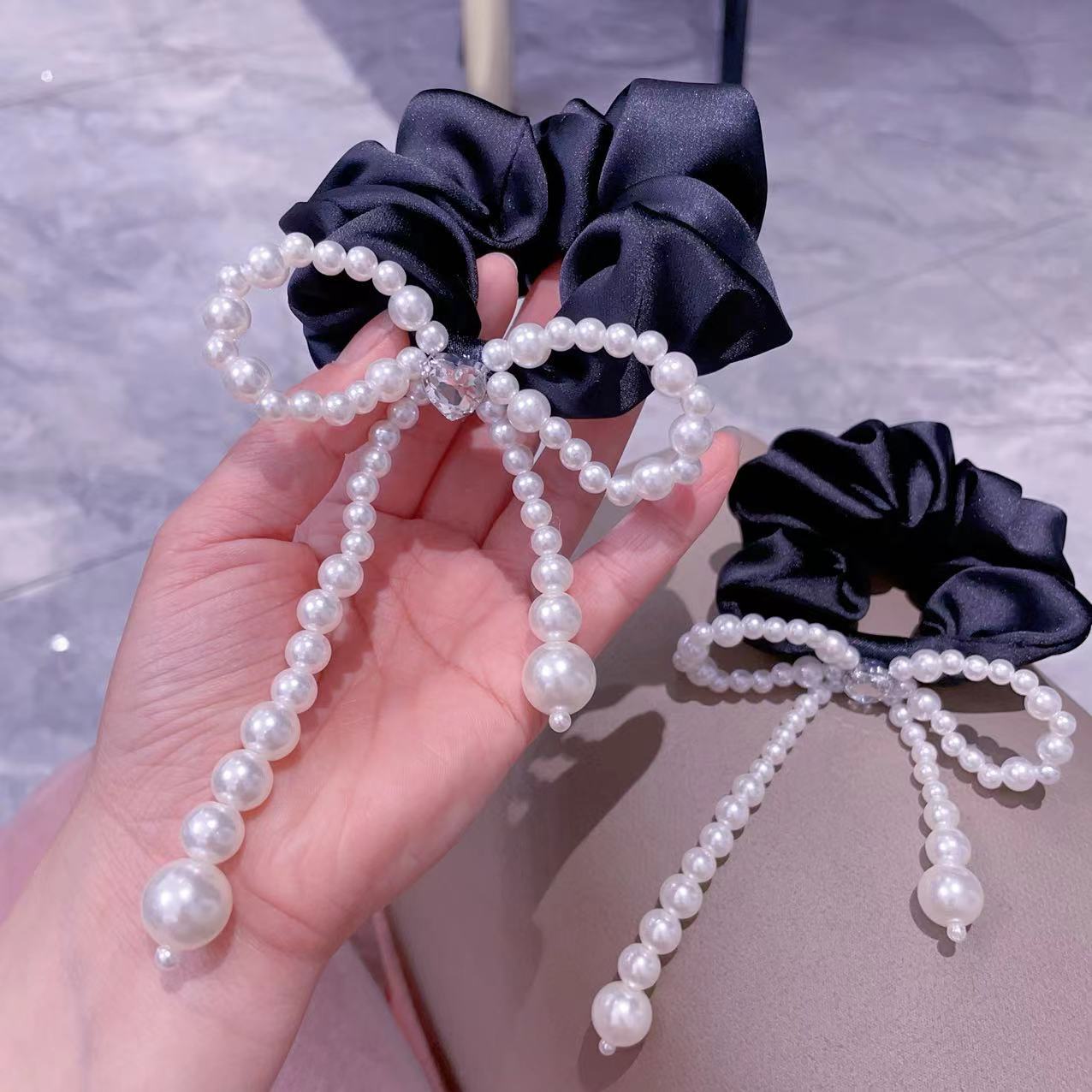 蝴蝶结珍珠飘带发圈网红质感仙气马尾皮筋精致闪钻优雅发绳头饰
