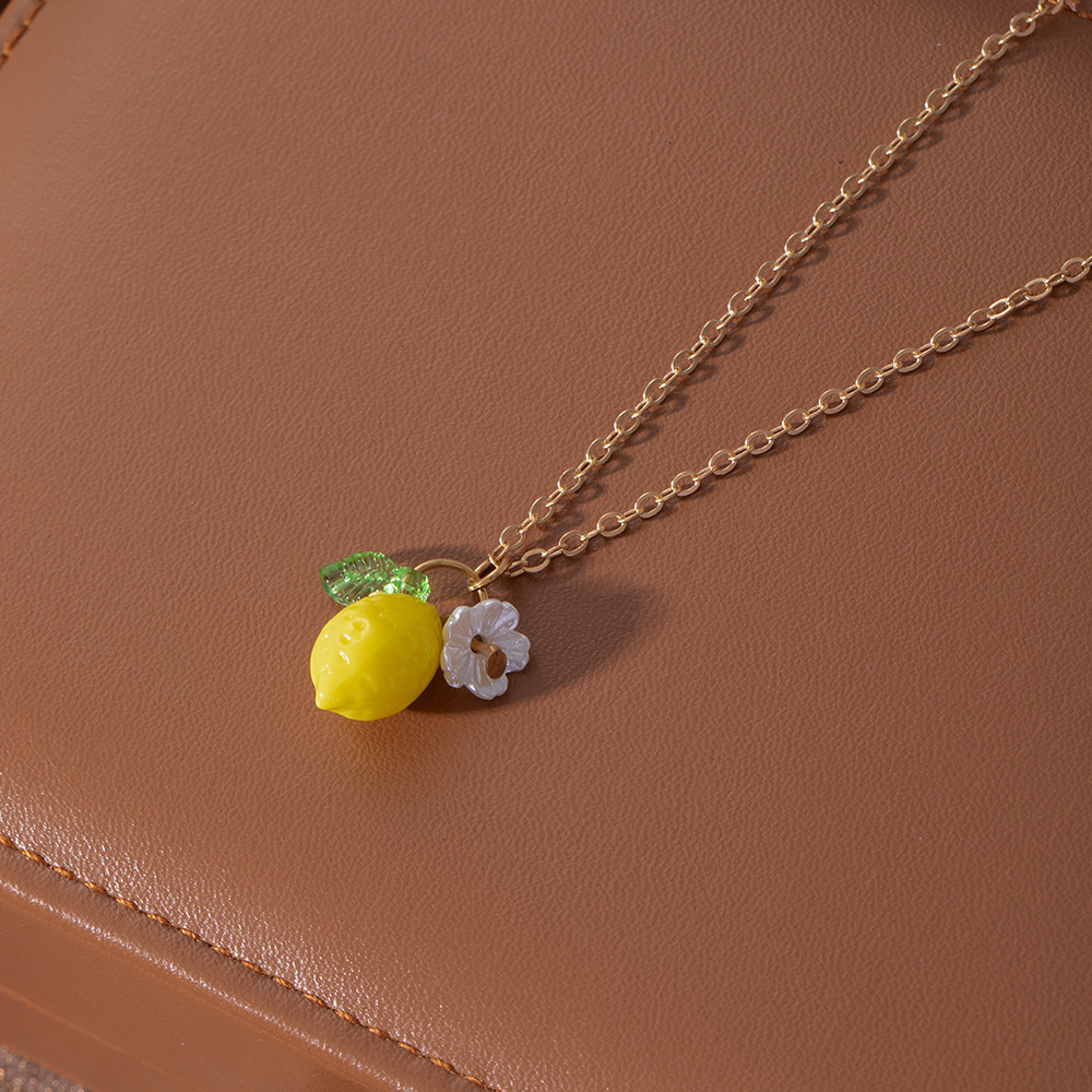 跨境时尚新款清新甜美水果 柠檬花朵树叶吊坠 金属链条可调节项链