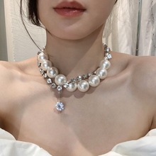 小众时髦欧美满钻夸张大小珍珠缠绕锆石多戴法项链女锁骨链颈链潮