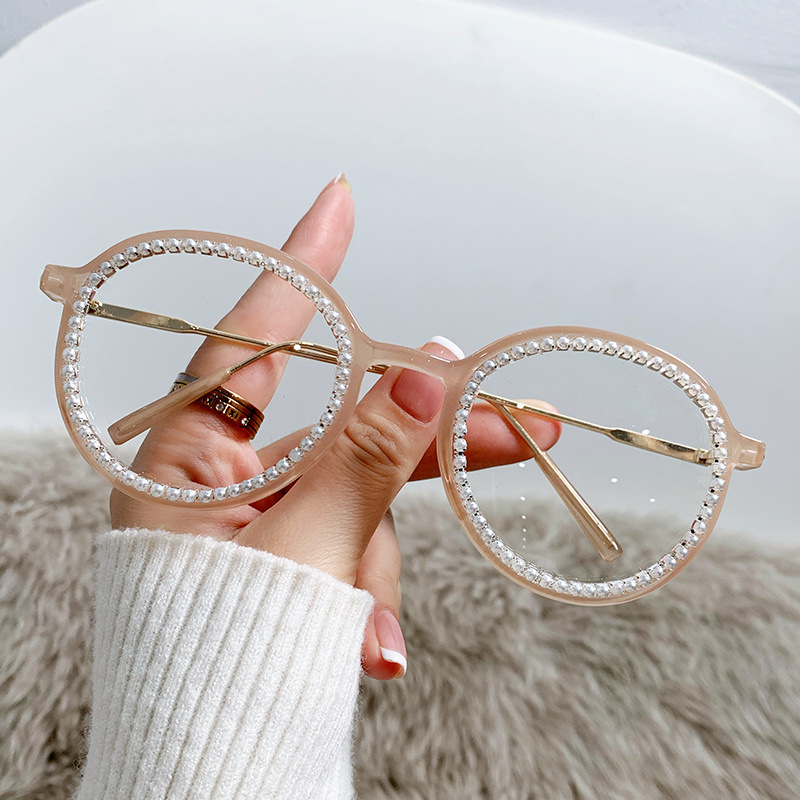 Full Diamond round Frame Plain Glasses Fashion High Sense Instafamous Glasses Frame Anti-Blue Light Personality Diamond Retro Glasses Frame