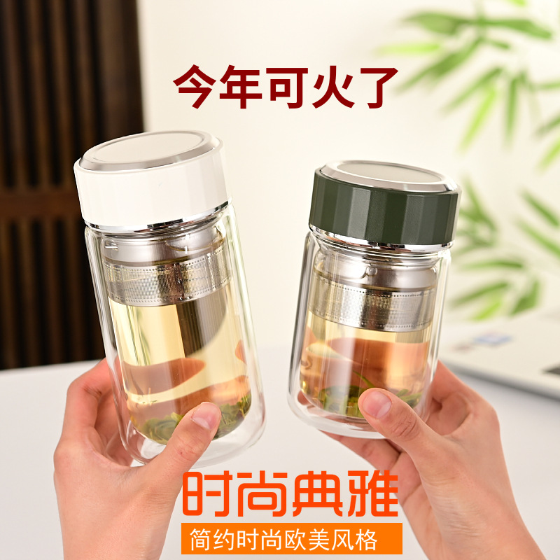 爆款茶杯水杯夏季办公家用茶水分离透明带盖随手花茶杯子批发印字