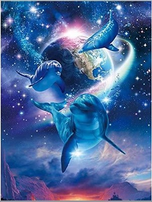 三只海豚宇宙星空地球环绕梦幻风景钻石画