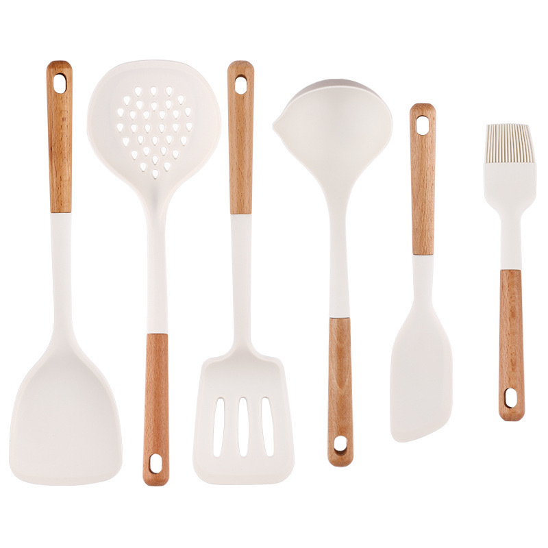 New 7-Piece Silicone Wooden Handle Kitchenware Beech Spatula Non-Stick Spatula High Temperature Resistant Spatula Spoon Kitchenware