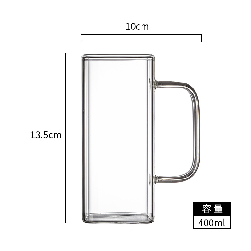 Square Glass Cup with Color Handle Milk Juice Cup Transparent Simple Household Cup Borosilicate Glass Water Cup