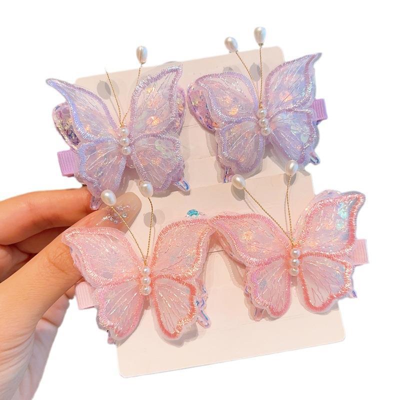 新款超仙古风网纱蝴蝶发夹双层亮片少女侧边发夹女孩刘海夹批发