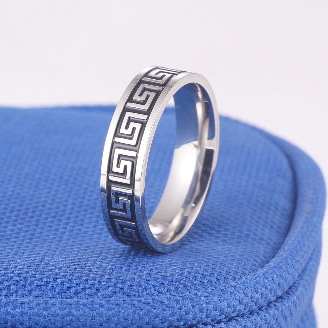 跨境爆款复古回纹图案戒指男士长城纹指环女不锈钢首饰城墙饰品