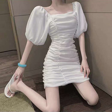 FL19785夏季方领小个子白色包臀连衣裙女修身显瘦韩版泡泡袖裙子