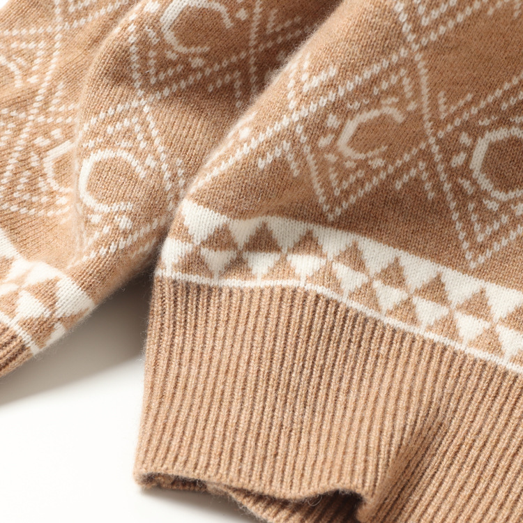 4纱重磅加厚山羊绒衫连帽系绳双色提花针织毛衣套头女装秋冬代发