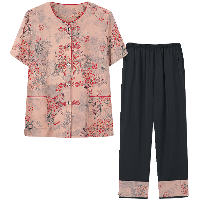 奶奶夏装套装中老年女装妈妈夏季薄款短袖t恤老太太圆领开衫上衣