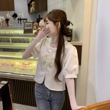 新中式中国风盘扣立领衬衫女夏小众设计感刺绣白色衬衫泡泡袖上衣