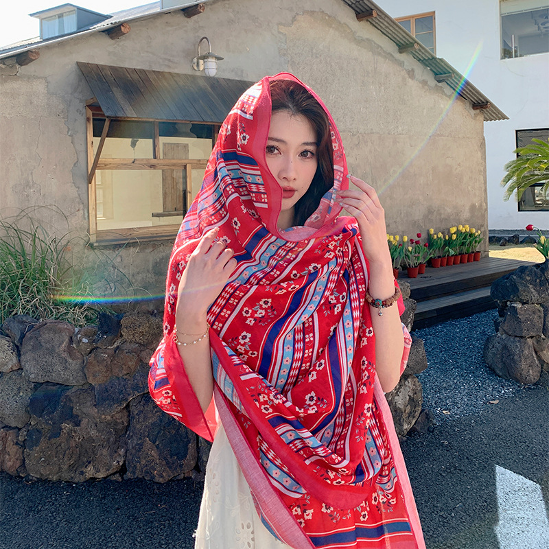 Spring and Autumn All-Match Trendy Thin All-Match Cotton and Linen Ethnic Style Dual-Use Large Scarf Shawl Women's Sunscreen Scarf Beach Towel