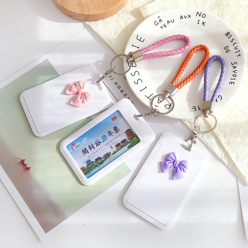 Cute Bow Push Card Holder Student Campus Bus Pass Meal Card ID Card Access Card Protective Case with Lanyard