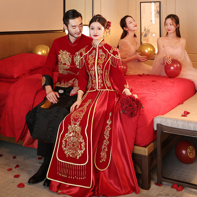 秀禾服新娘敬酒服2021年新款情侣套装结婚礼服中式婚礼秀和服丝绒