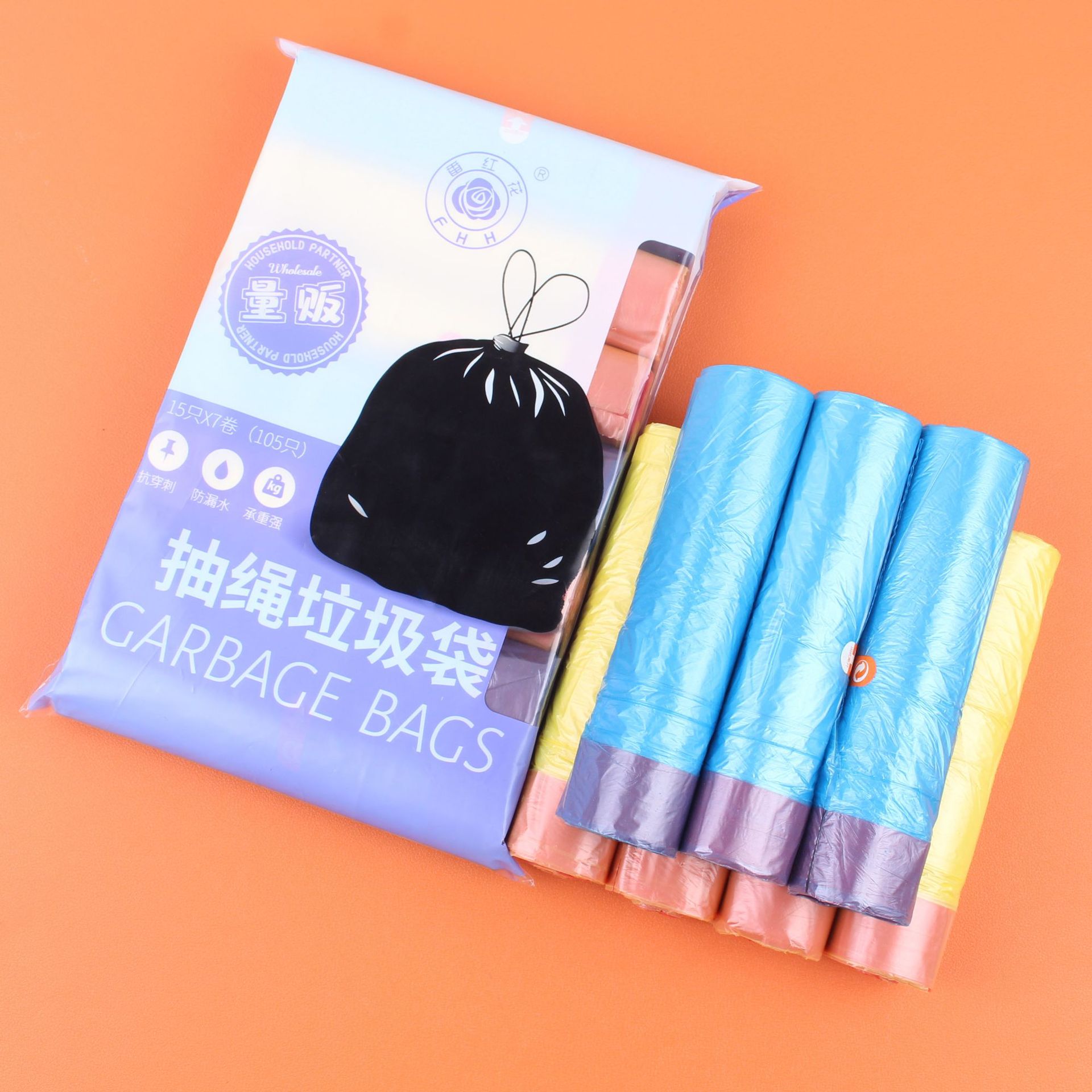 Drawstring Garbage Bags, 7 Rolls, 105 PCs, Household Automatic Closing Hand-Held Garbage Bags, Wholesale in Stock