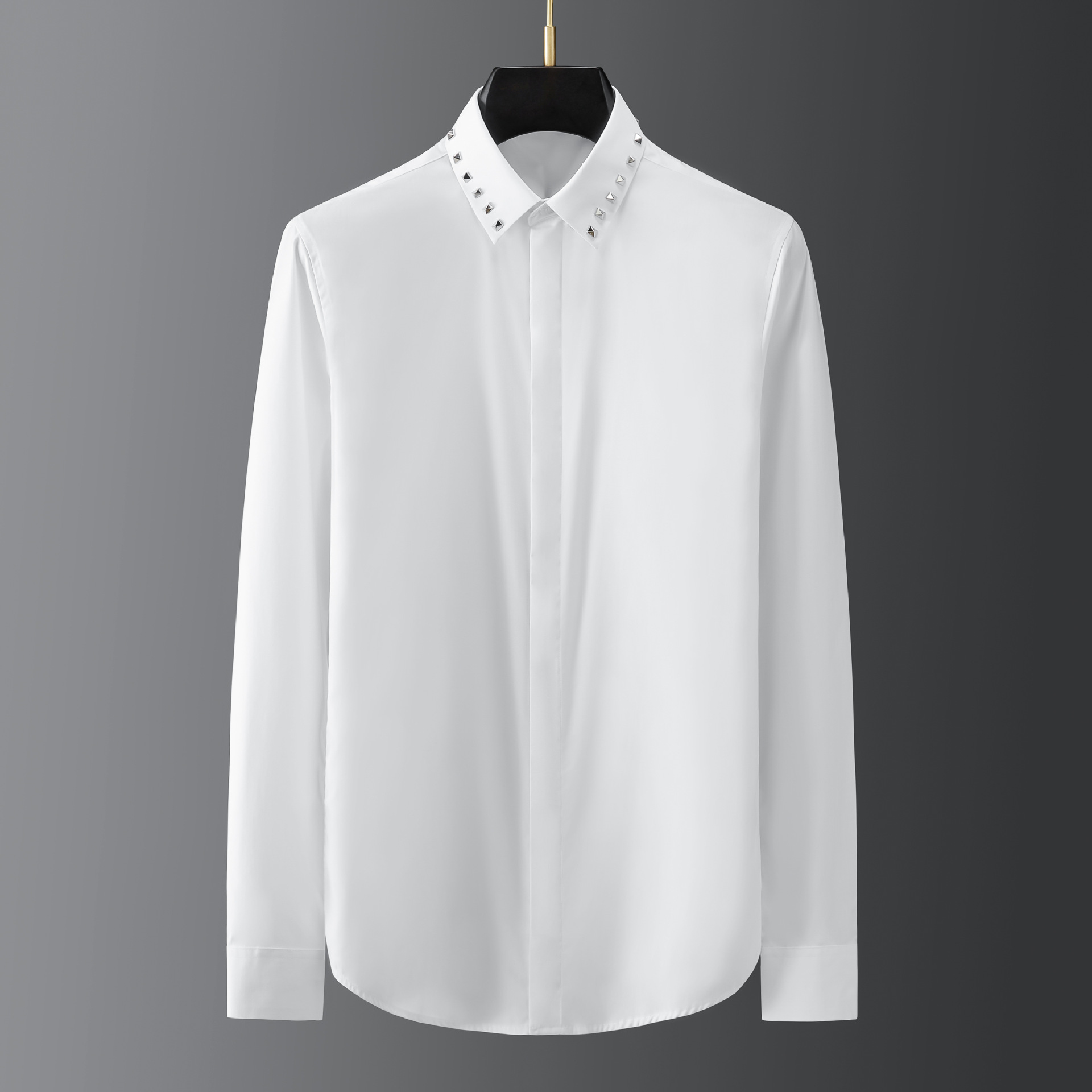 春季经典新款大牌领子金属菱形手工柳钉男装长袖白色衬衣