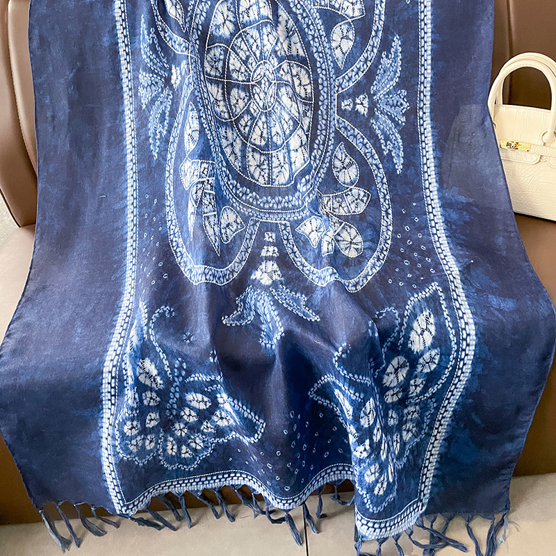 Spring and Autumn Waxed Vintage Blue Scarf Women's Cotton and Linen Summer Air-Conditioning Shawl Ethnic Style Tassel Long Scarf